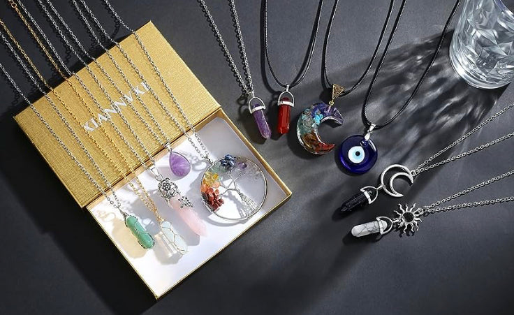 11Pcs Healing Crystal Necklaces Evil Eye Tree of Life Chakra Moon Sun Natural Gemstone Jewellery Necklace Amethyst Rose Quartz Obsidian Stone Pendant Necklaces for Women