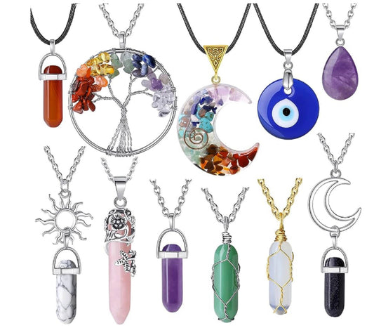 11Pcs Healing Crystal Necklaces Evil Eye Tree of Life Chakra Moon Sun Natural Gemstone Jewellery Necklace Amethyst Rose Quartz Obsidian Stone Pendant Necklaces for Women