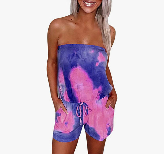 Women's Casual Tie-dye Printing Short Playsuit Loose Lady Tube Top Jumpsuit UK Size Lovely Pants