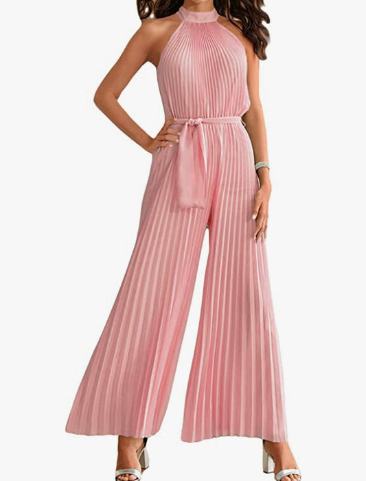 Women 's Sexy Summer Pleated Jumpsuit Halter Neck Sleeveless Wide Leg Long Pant Belted Romper One Piece Party Outfit